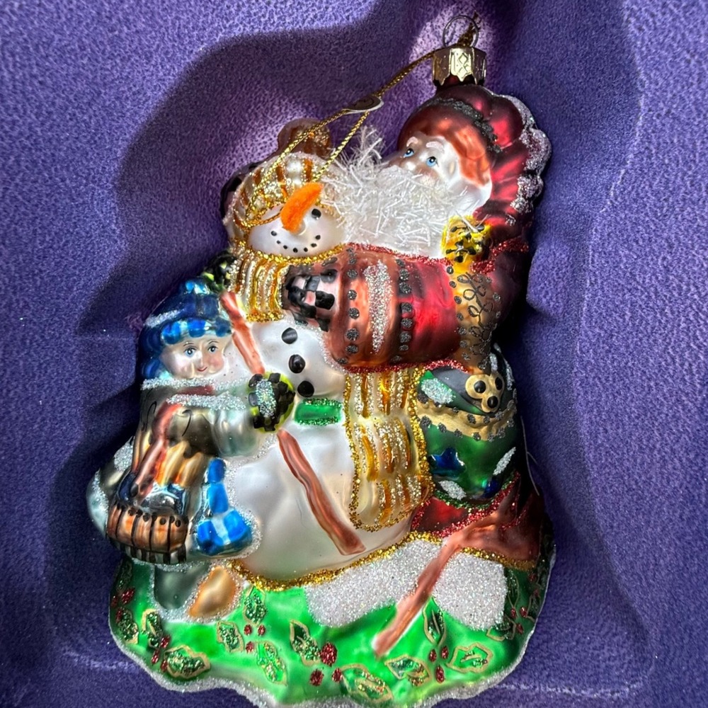Peggy Abrams Santa Snowman Glass Ornament Mouth Blown Hand Painted Holiday Decor